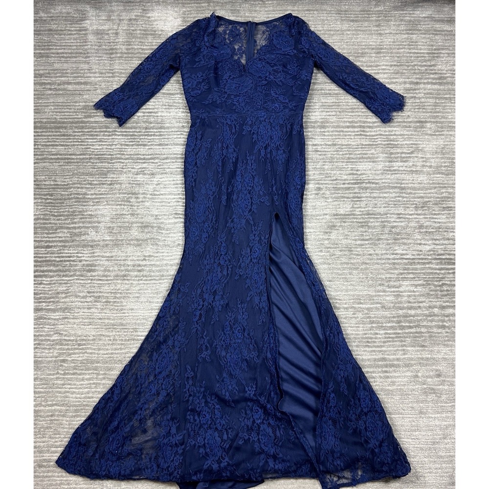 Maniju Dress Womens Small Blue Lace 3/4 Sleeve Maxi Long Chiffon Lined